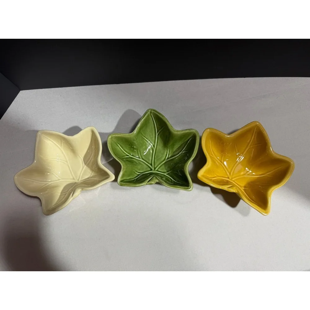 Set of 3 Ceramic Ivy Leaf Dipping Bowls Yellow Green Cream Autumn Harvest Decor